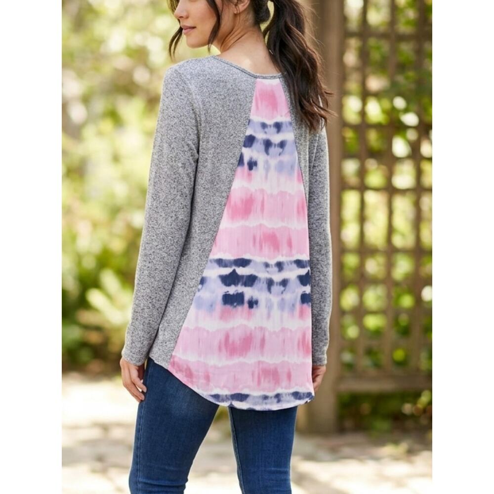 Mia & Tess Gray High Low Tie Dye Back Top L Casual Chic Pullover